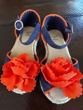 Janie and Jack Navy Sandals with Bright Orange Floral Applique
